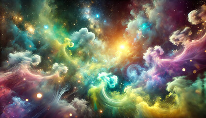Wall Mural - A cosmic or dream-like environment surrounded by swirling, colorful mist and light particles with glowing nebula-like