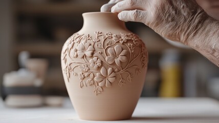 handicrafts pottery technique concept. Craftsman shaping intricately designed pottery vase with floral patterns.