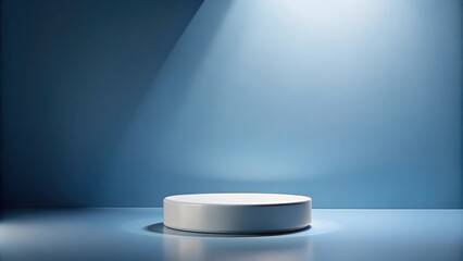 Poster - A minimalist white cylindrical platform against a serene blue backdrop, illuminated by a single spotlight