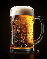 Poster - Refreshing golden lager in clear glass mug with abundant white foam against dark backdrop