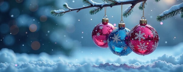 Wall Mural - Glass balls with snowflakes hanging from a blue branch, snowflake, blue color, festive