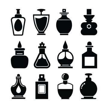 black and white perfume bottle icons set