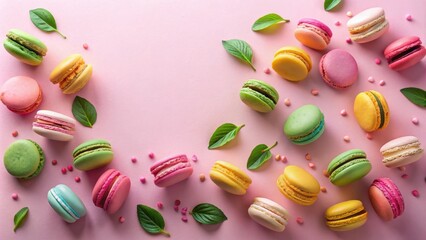 Poster - Pastel Macarons and Mint Leaves on Pink Background A Delightful Culinary Composition