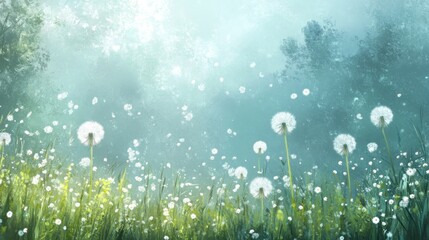 Poster - Enchanted Dandelion Meadow: A Serene Springtime Fantasy