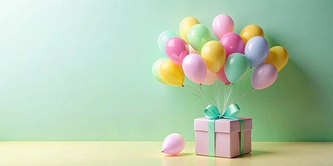 Aufkleber - Pastel Balloons Float Above a Gift Box on a Light Green Background