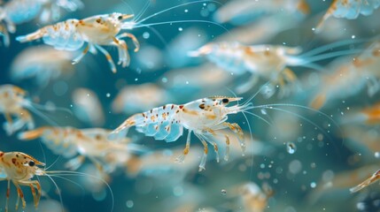 Aufkleber - Numerous shrimp glide through a clear ocean environment, displaying their iridescent bodies and delicate antennae in a lively underwater ecosystem.