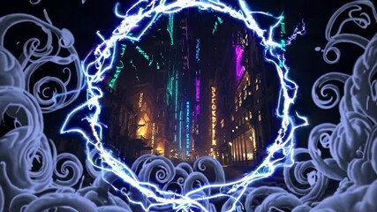 Poster - Vibrant urban landscape illuminated by colorful lights and dynamic energy at night in an enchanting setting