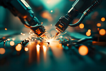 Aufkleber - Two robotic arms are welding, creating sparks in a high-tech environment filled with glowing lights and intricate machinery.