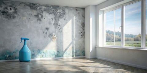 Poster - Empty Room with Moldy Wall and Cleaning Spray Bottle