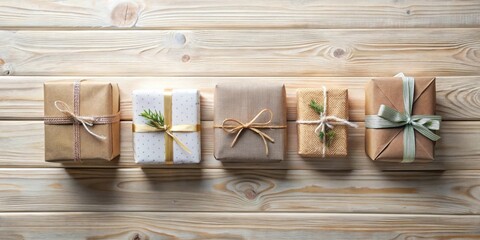 Poster - Five elegantly wrapped presents arranged on a rustic wooden surface