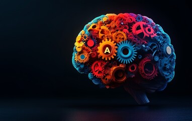 Poster - 3D illustration of brainshaped gears in vibrant colors, AI text at the center, isolated on a dark background, concept of artificial intelligence