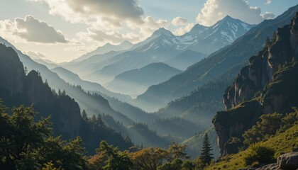 Wall Mural - The mountains are covered in trees and the sky is cloudy