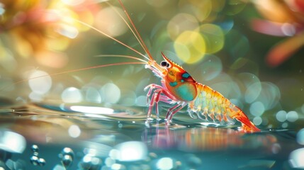 Aufkleber - A vibrant shrimp with striking colors glides through clear water, surrounded by blurred aquatic plants and shimmering reflections, creating a tranquil underwater atmosphere.