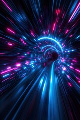 Poster - hyperspace tunnel with glowing neon lights and fast speed motion in a futuristic digital world