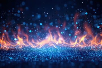 Poster - Abstract Fire and Ice Background with Glowing Particles and Bokeh Effect in Dark Blue Tones