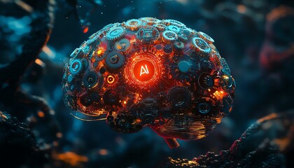 Poster - Brainshaped design with vibrant interlocking gears, AI text in the middle, dark background, futuristic artificial intelligence, 3D rendering