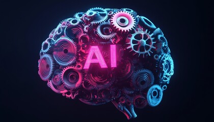 Poster - Brainshaped design with vibrant interlocking gears, AI text in the middle, dark background, futuristic artificial intelligence, 3D rendering