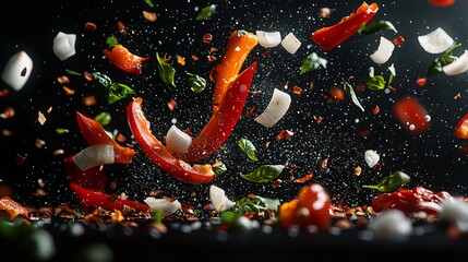 Poster - Flying Peppers, Onions, Basil; Spicy Food Prep