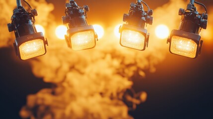 Poster - Group of hanging lights from ceiling in video photography cinematography studio equipment setup