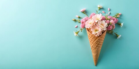 Poster - A Delicate Bouquet of Pink and White Blooms Nestled in a Crispy Waffle Cone on a Pastel Background