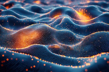 Poster - futuristic technology network with glowing orange connections and blue grid pattern, creating a dyna