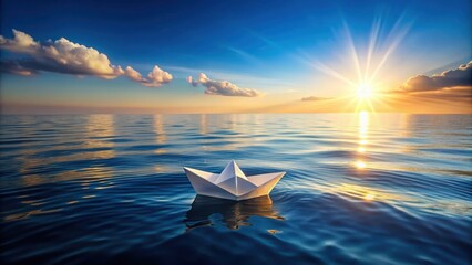 Aufkleber - Serene Sunset A Small Paper Boat Floats Gently on Calm Ocean Waves at Golden Hour