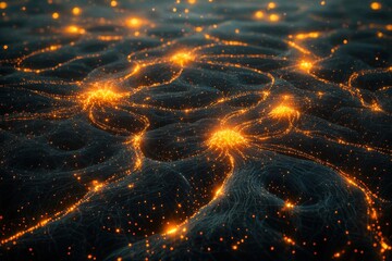 Poster - Intricate network of glowing orange nodes and connections on a dark, textured surface, symbolizing interconnectedness, artificial intelligence, and futuristic systems.