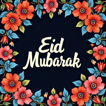 Eid Mubarak greeting card, beautiful floral design, colorful flowers, dark background