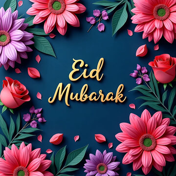 Eid Mubarak greeting card, beautiful floral design, colorful flowers, dark background