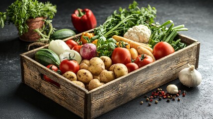 Poster - Fresh vegetables in wooden crate, kitchen setting