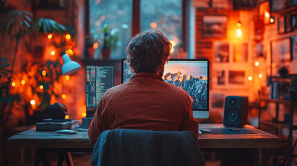 Poster - A man working on a laptop in a cozy, plant-filled room with warm lighting. The ambient glow enhances the workspace, creating a peaceful and inspiring atmosphere