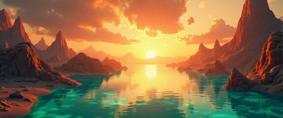 Wall Mural - A beautiful sunset over a body of water with mountains in the background