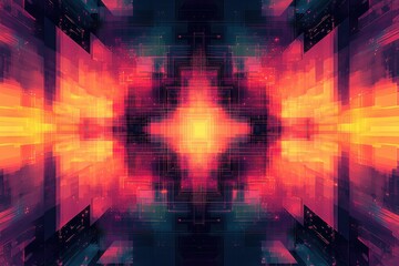 Poster - Abstract geometric design with a radiant central glow, vibrant color transitions, and a futuristic, interconnected network aesthetic, digital dimensions.