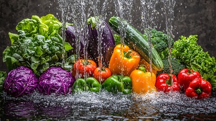 Poster - Fresh vegetables water splash, dark background, healthy food