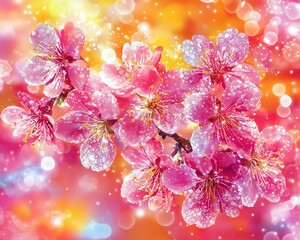 Wall Mural - Beautiful pink cherry blossoms with sparkling droplets against a colorful background.