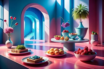 Poster - Abstract Architectural Interior: Blue Pink Hues Food Photography