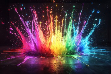 Poster - a vibrant explosion of rainbow-colored liquid creates a dynamic splash against a dark background, ca