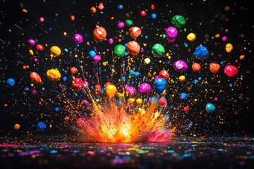 Poster - A dynamic explosion of vibrant, colorful paint spheres against a dark backdrop, creating a striking visual spectacle with depth and textural richness.