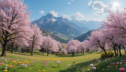 Wall Mural - A beautiful, lush green field with a large number of cherry trees in full bloom