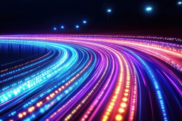 Poster - abstract light trails on a dark background creating a colorful futuristic scene, a dynamic depiction