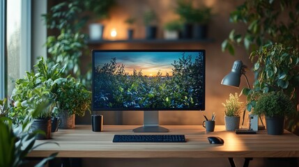 Wall Mural - Serene sunset desktop workspace, lush greenery.