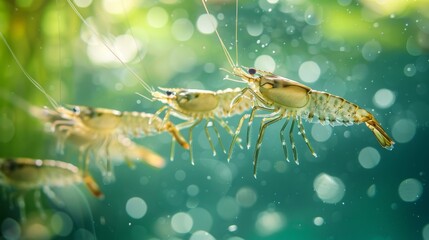 Poster - Several shrimp are seen swimming in clear water, showcasing their delicate features as sunlight creates a sparkling effect, with aquatic plants blurred in the background.