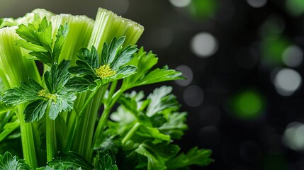 Poster - Fresh celery stalks, close-up, dark background, healthy food