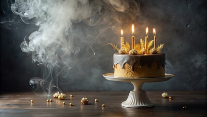 Poster - Dark Chocolate Cake with Gold Accents and Lit Candles on Cake Stand
