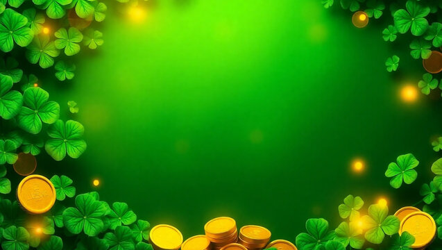 A vibrant St. Patrick’s Day-themed background featuring lush green shamrocks, glowing golden coins, and deep emerald gradient. celebrations or festive designs. copy space for text.