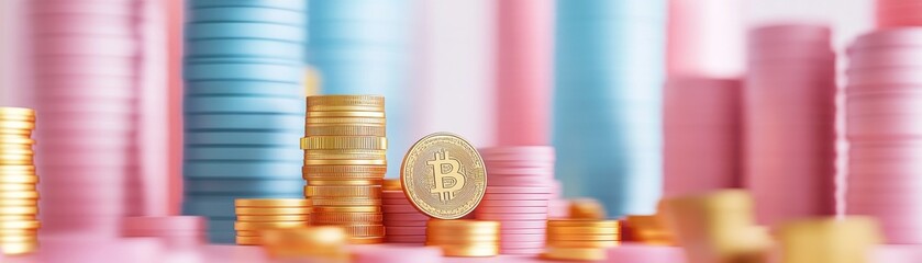 Poster - A vibrant arrangement of colorful coins and stacks symbolizes wealth, investment, and financial growth in a modern context.