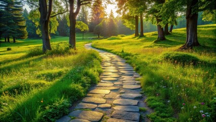 Aufkleber - Serene Sunset Stroll Along a Stone Path Through a Verdant Meadow