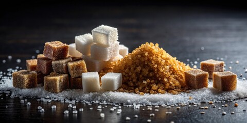 Poster - Aromatic Sweetener Assortment White, Brown, and Raw Sugar Cubes and Granulated Crystals on Dark Surface