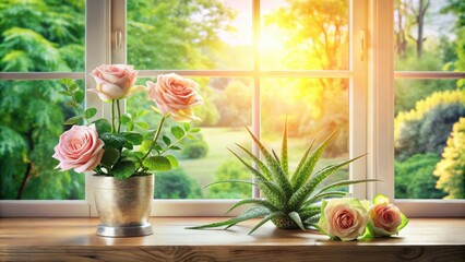 Aufkleber - Serene Windowsill Still Life Roses and Succulent Basking in Sunlight