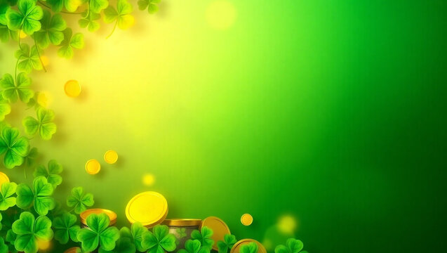 A vibrant St. Patrick’s Day-themed background featuring lush green shamrocks, glowing golden coins, and deep emerald gradient. celebrations or festive designs. copy space for text.